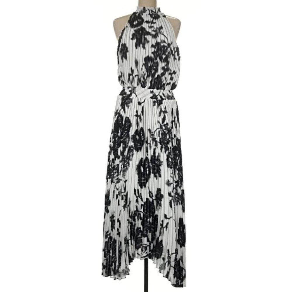 *NWT* WHBM Pansy Sketch Black & Ecru Sleeveless Halter Pleated Midi Dress Sz 4P - Picture 6 of 12